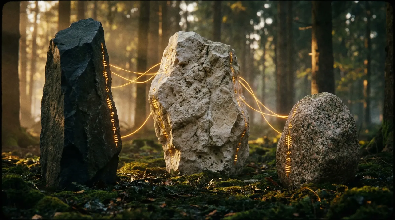 Three different stone types connected by shared glowing threads