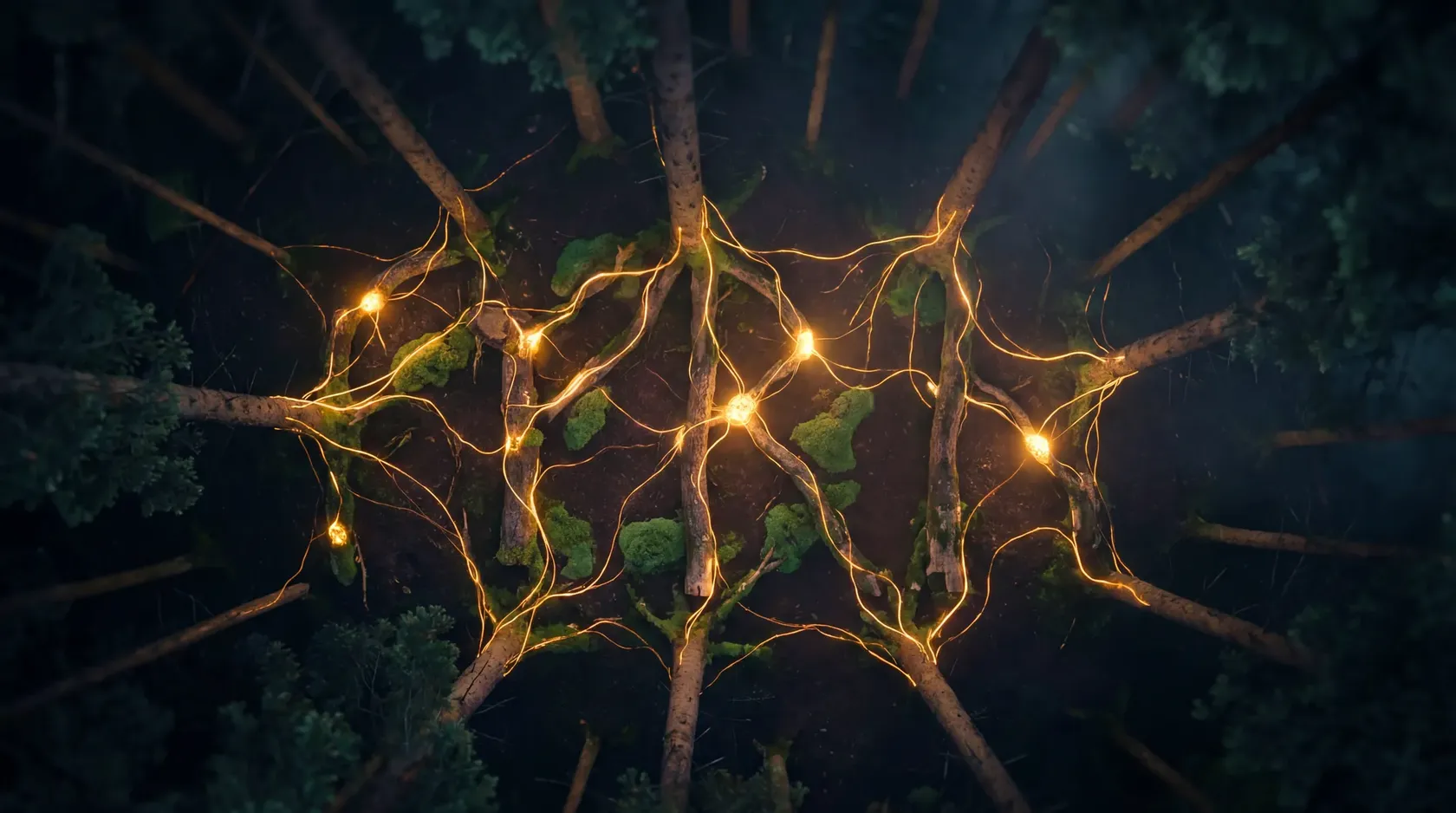 Aerial view of a forest with luminous threads connecting trees