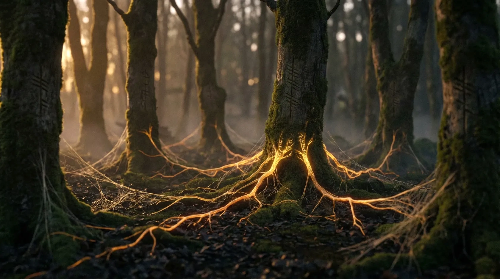 Forest floor with glowing mycelium threads connecting tree trunks
