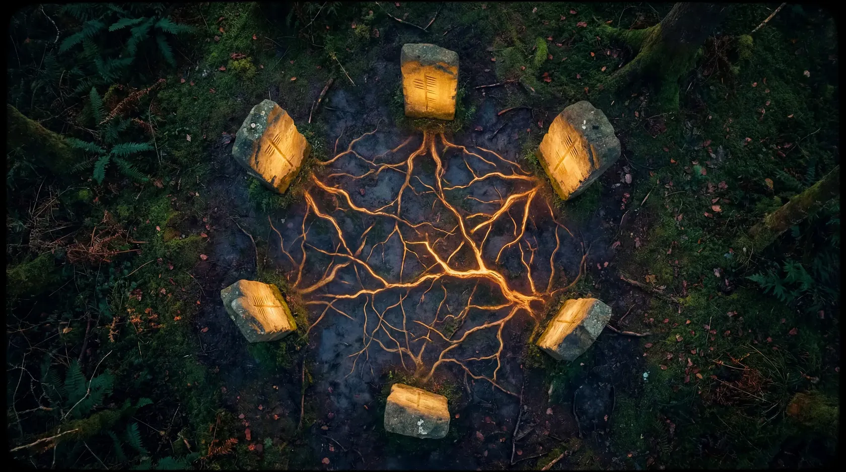 Ogham stones connected by glowing root networks