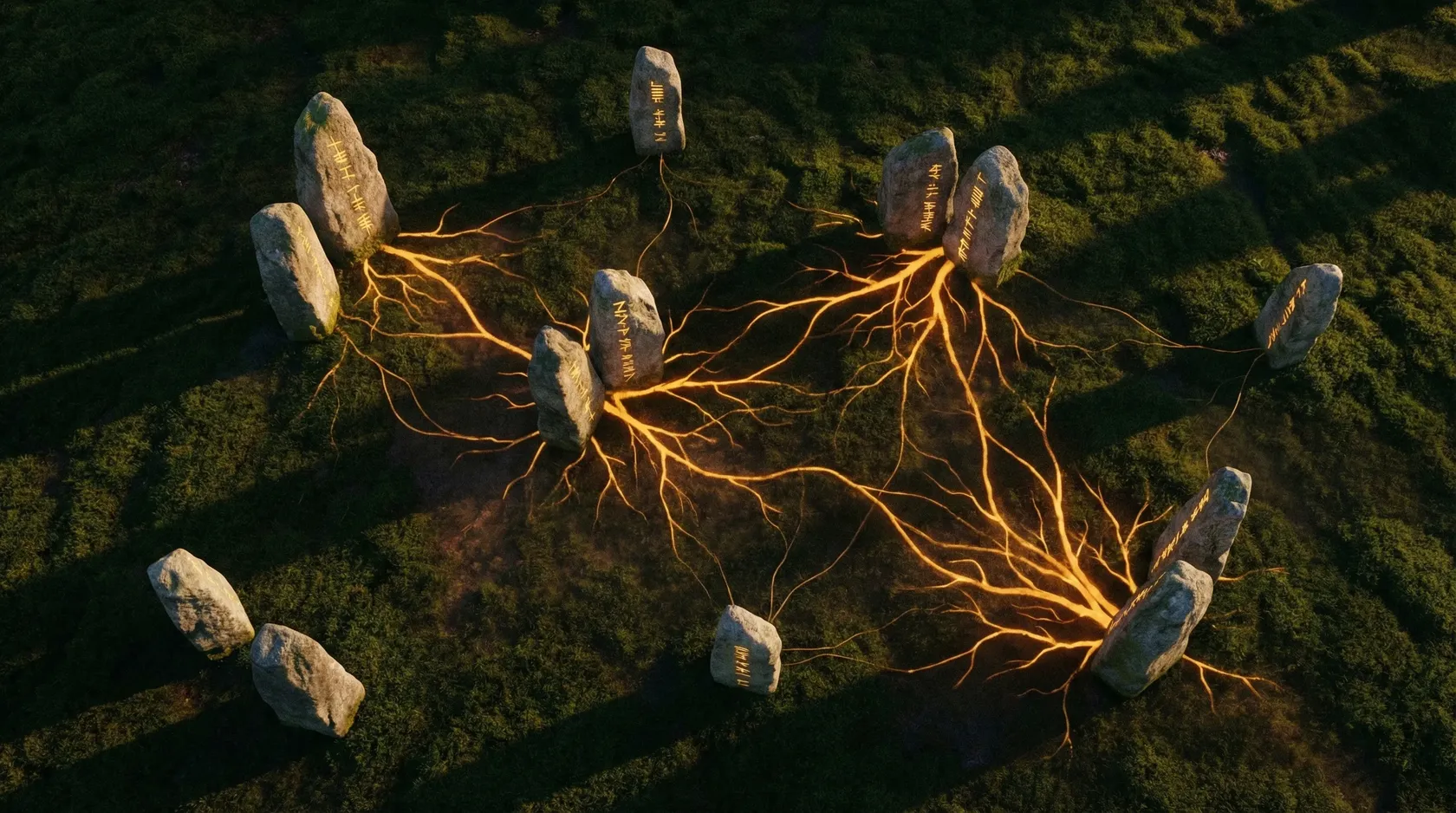 Ogham stones connected by glowing root networks
