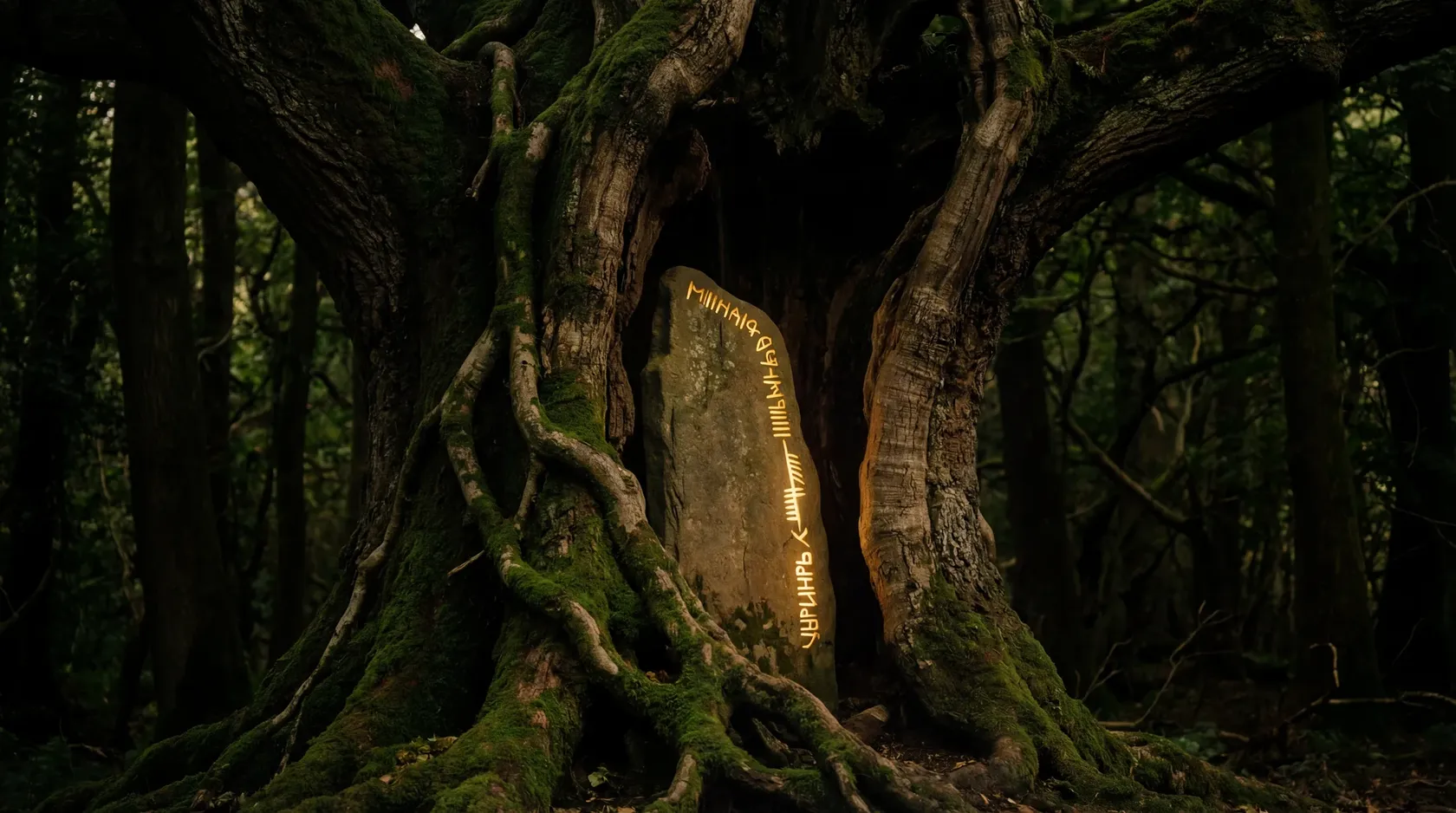 An Ogham stone sheltered within an ancient oak tree