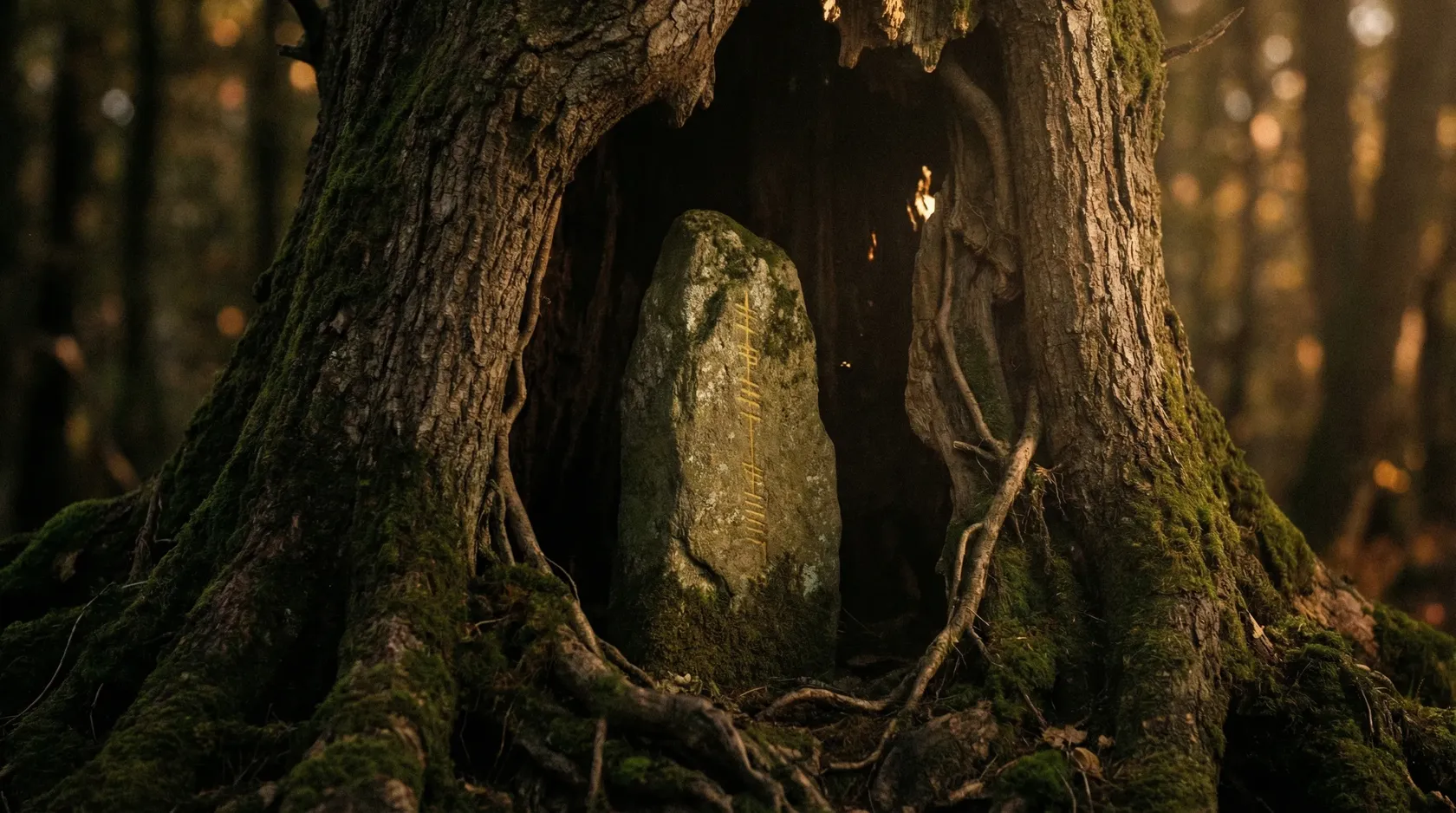 An Ogham stone sheltered within an ancient oak tree