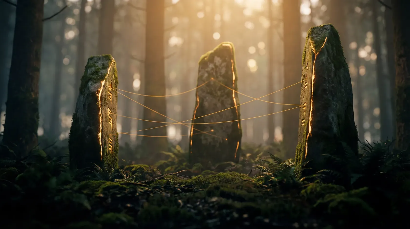 Ancient Ogham standing stones connected by luminous threads