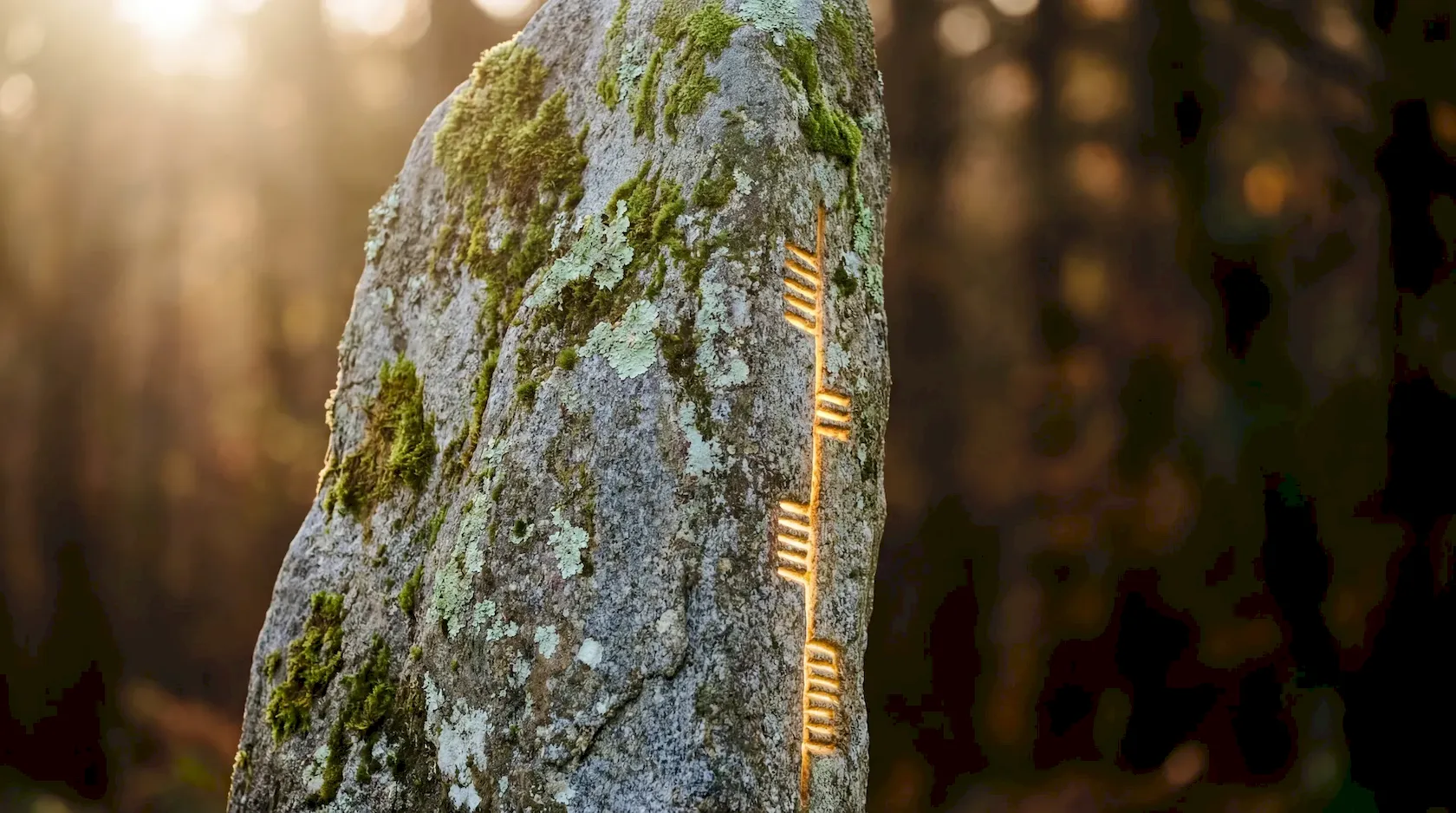 A single Ogham stone with glowing inscriptions