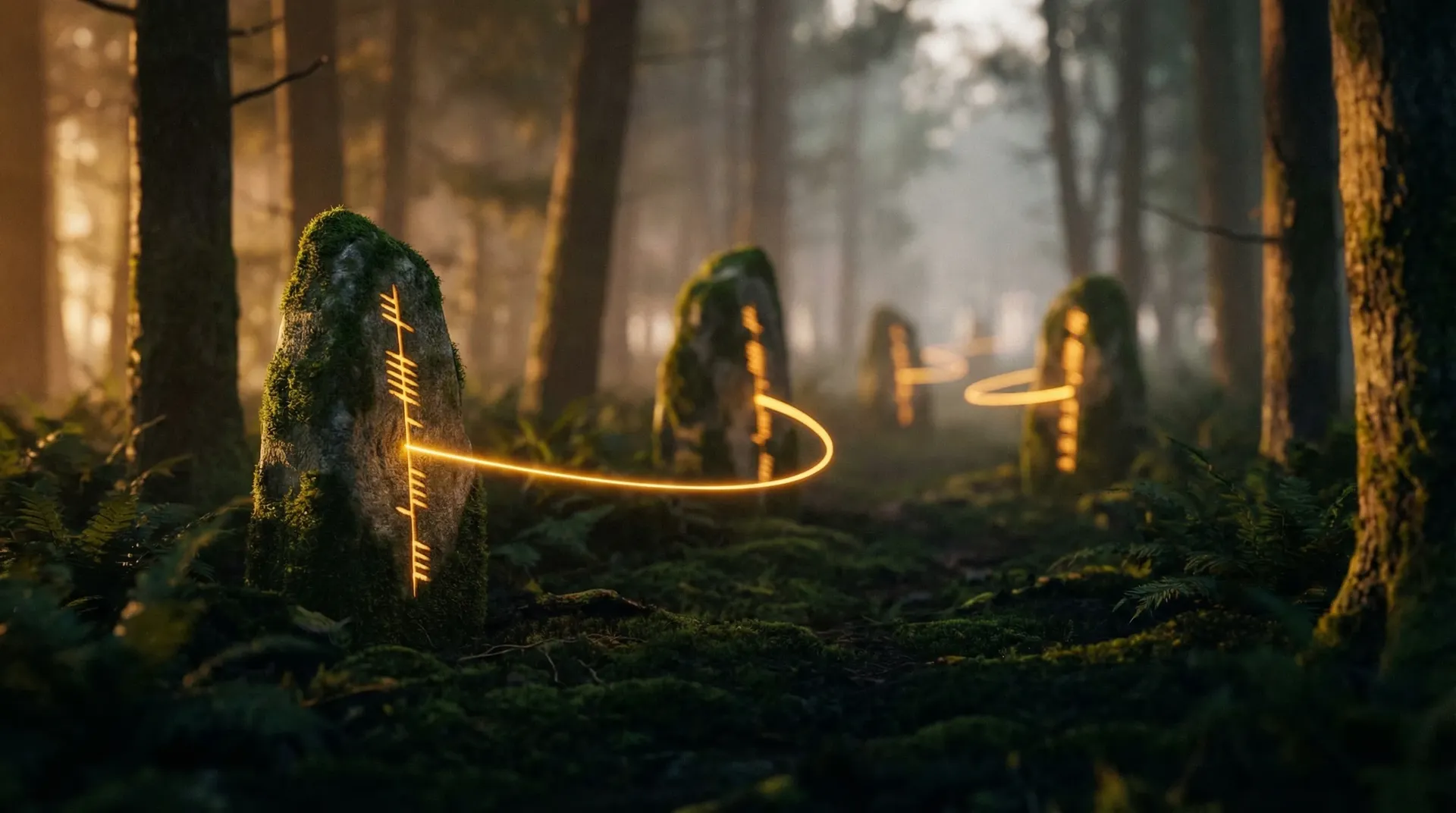 A trail of standing stones connected by a winding golden thread through a misty forest
