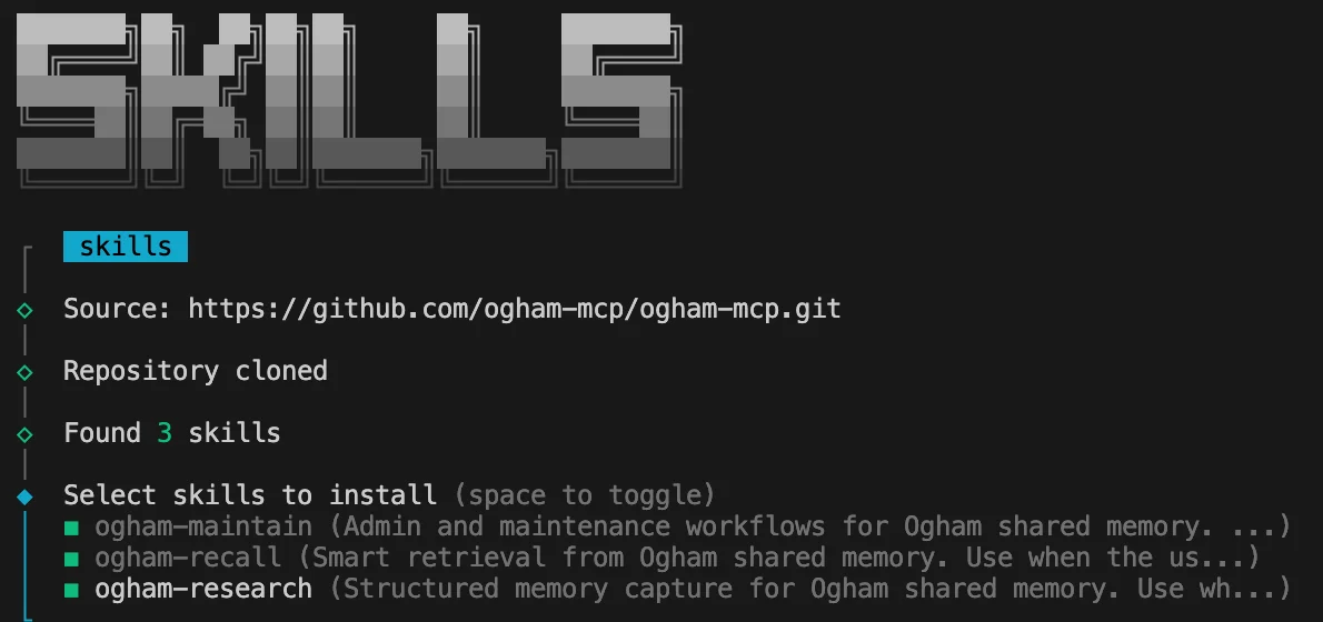 npx skills add showing three Ogham skills selected for install